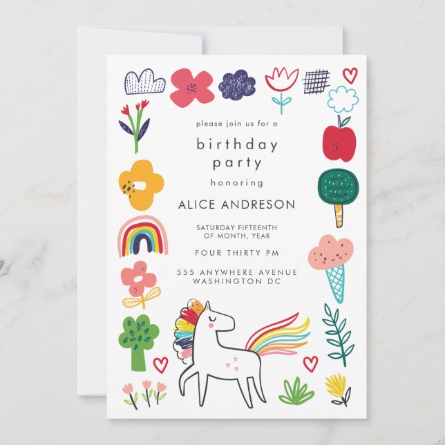 Invitation Cute Sweet Unicorn Kids Birthday Party (Devant)