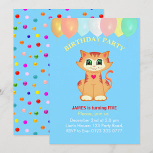 Invitation Cute Tabby Cat, Ballons et Confetti Anniversaire