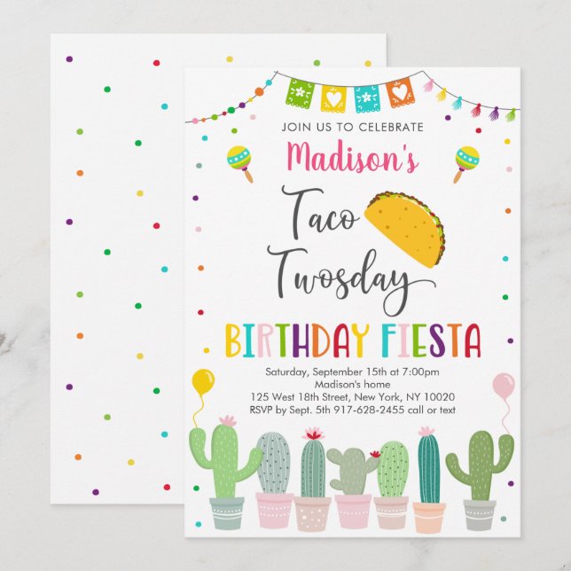 Invitation Cute Taco Jeudi Fiesta Cactus Anniversaire (Devant / Derrière)