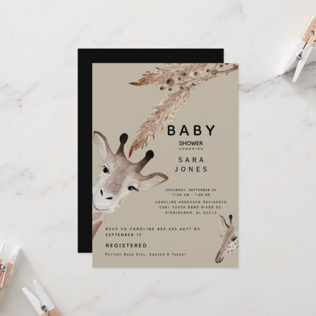 Invitation Cute Tan Aquarelle Giraffe Baby shower Pampas (Devant/Arrière en situation)