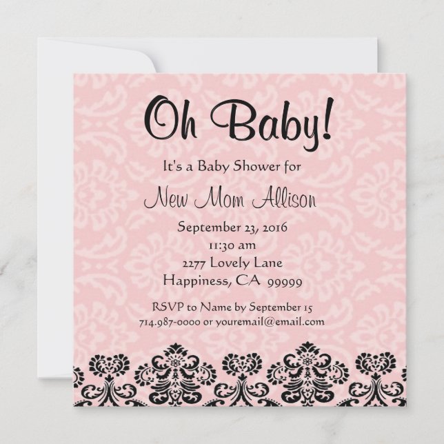 Invitation Cute Taupe Damask PINK Girl Baby shower V03 (Devant)