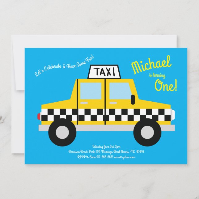 Invitation Cute Taxi Voiture Enfants 1ère fête d'anniversaire (Devant)