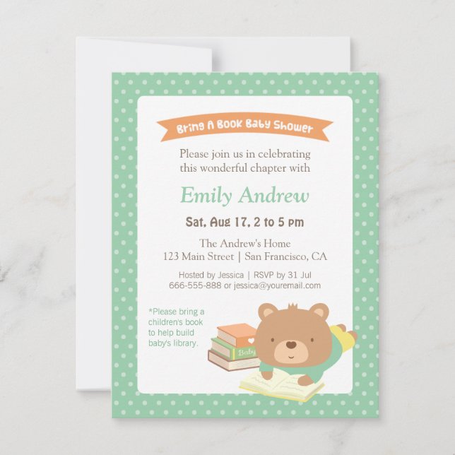 Invitation Cute Teddy Apportez un livre Baby shower neutre po (Devant)
