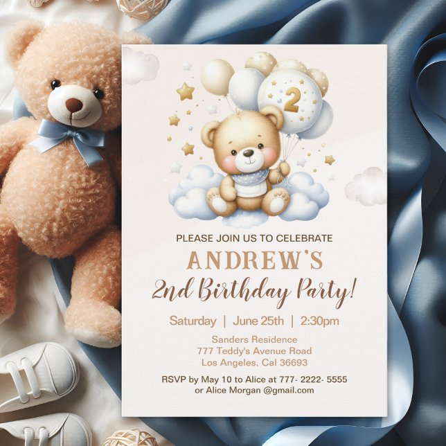 Invitation Cute Teddy Bear 2nd Birthday for Boy (Créateur téléchargé)