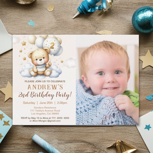 Invitation Cute Teddy Bear 2nd Birthday for Boy with photo (Créateur téléchargé)