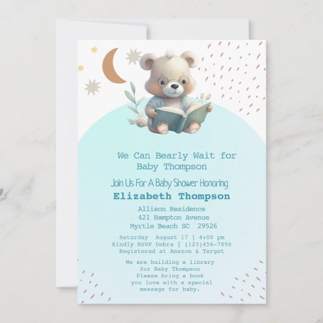 Invitation Cute Teddy Bear Apportez un Baby shower de livre (Devant)