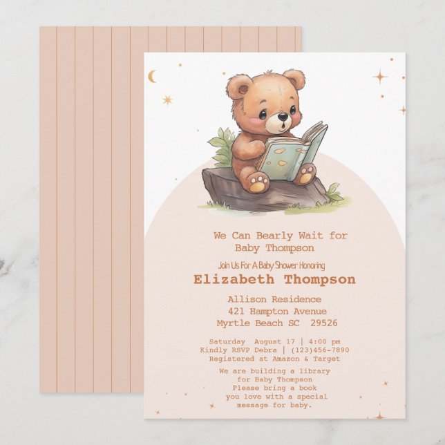 Invitation Cute Teddy Bear Apportez un Baby shower de livre (Devant / Derrière)