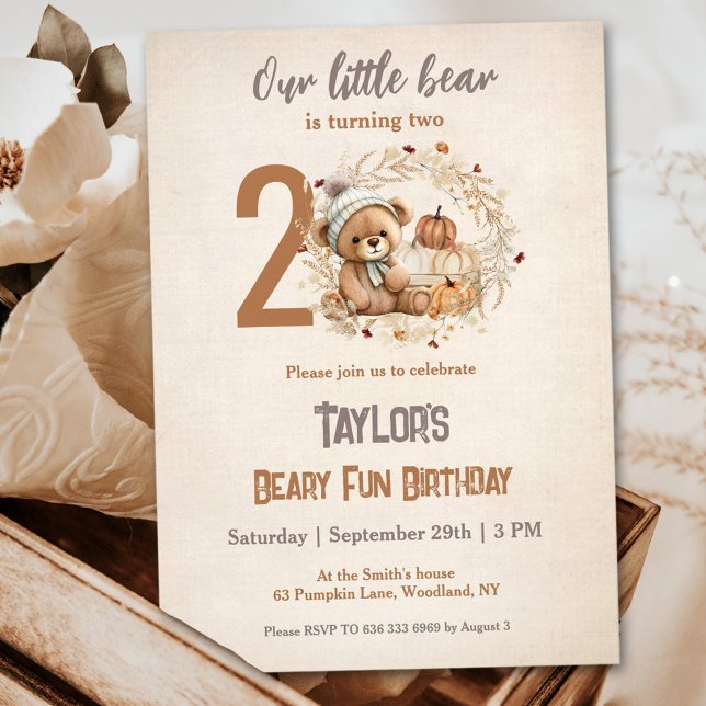 Invitation Cute Teddy Bear Automne Citrouille Boy 2e annivers (Cute Teddy Bear Fall Pumpkin Boy 2nd Birthday Invitation)