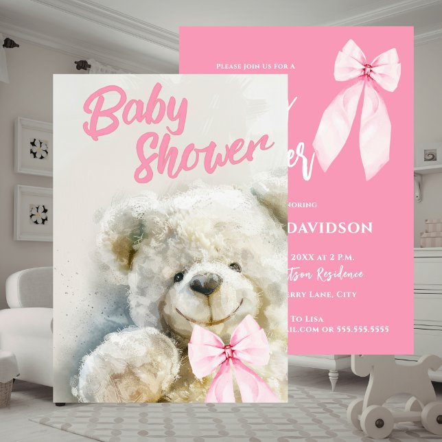 Invitation Cute Teddy Bear Baby Shower  (Baby Shower Cute Bear Pink Ribbon Invitation)