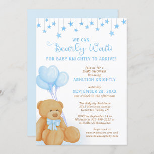 Invitation Cute Teddy Bear Ballons Bleus Étoiles Baby shower