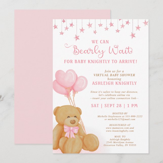 Invitation Cute Teddy Bear Ballons rose Baby shower virtuel (Devant / Derrière)