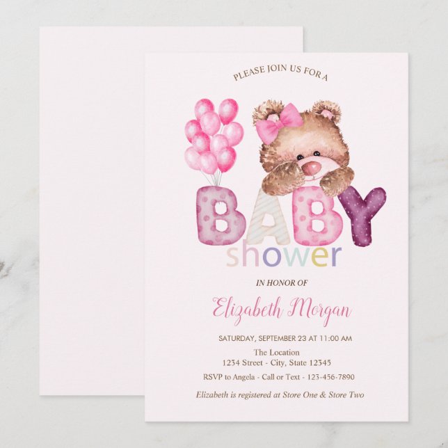 Invitation Cute Teddy Bear Balloons Baby Shower (Devant / Derrière)