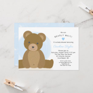 Invitation Cute Teddy Bear Bleu Baby shower de garçon Coeur