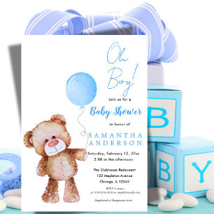 Invitation Cute Teddy Bear Blue Balloon Baby shower garçon