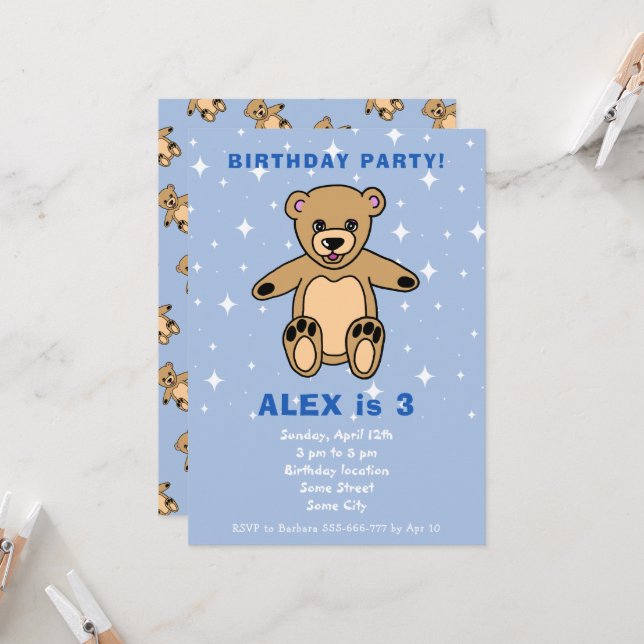 Invitation Cute Teddy Bear Blue Boy Anniversaire (Devant/Arrière en situation)