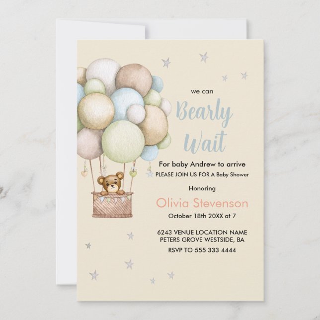 Invitation Cute Teddy Bear Boy baby shower (Devant)