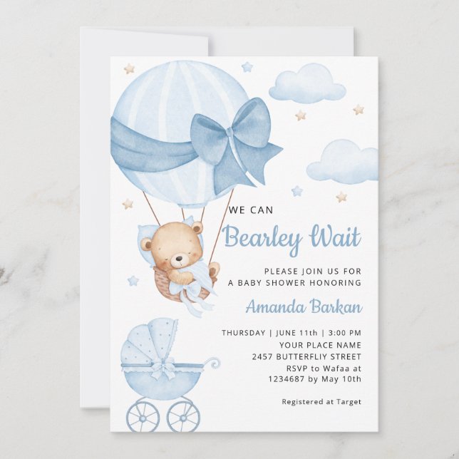 Invitation Cute Teddy Bear Boy Blue Bearly Wait Baby shower (Devant)
