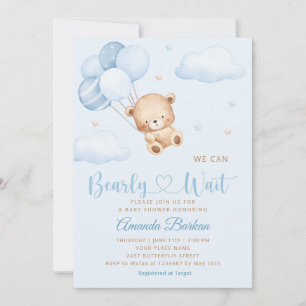 Invitation Cute Teddy Bear Boy Blue Bearly Wait Baby shower