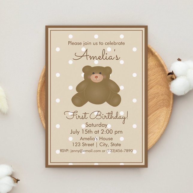 Invitation Cute Teddy Bear Cub Baby First Birthday Kids Party (Créateur téléchargé)