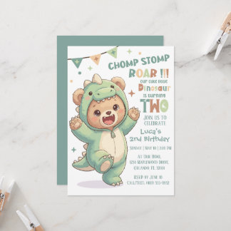 Invitation Cute Teddy Bear Dinosaur | 2nd Dino Birthday Party