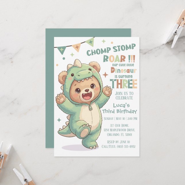 Invitation Cute Teddy Bear Dinosaur | Third Dinosaur Birthday (Devant/Arrière en situation)