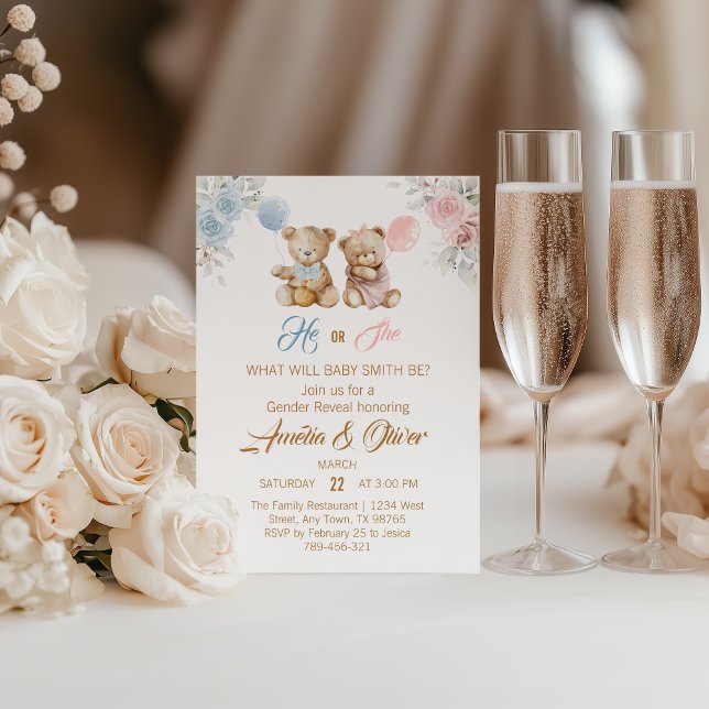 Invitation Cute Teddy Bear Gender Reveal Blue Pink Balloons (Créateur téléchargé)