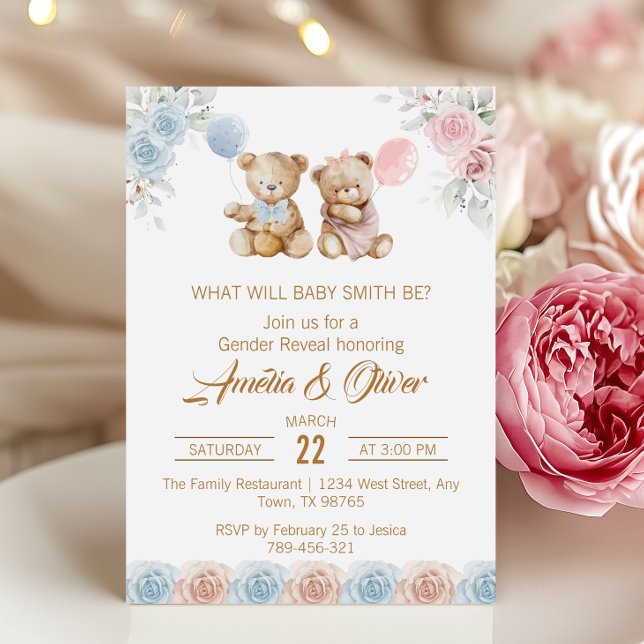 Invitation Cute Teddy Bear Gender Reveal Pink Blue Roses (Créateur téléchargé)