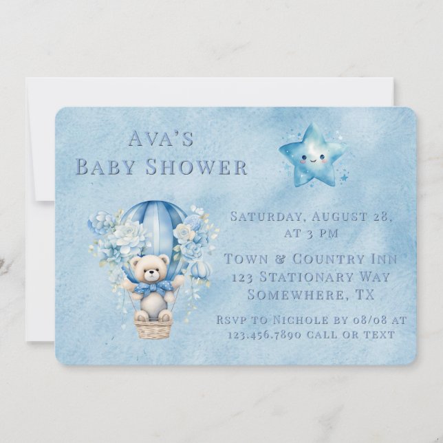 Invitation Cute Teddy Bear Hot Air Balloon Baby shower garçon (Devant)