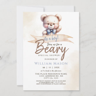 Invitation Cute Teddy Bear I's a Boy Baby shower Aquarelle