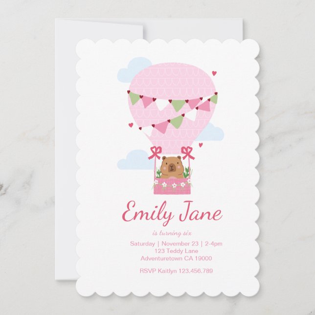 Invitation Cute Teddy Bear Pink Capybara Girls Birthday (Devant)