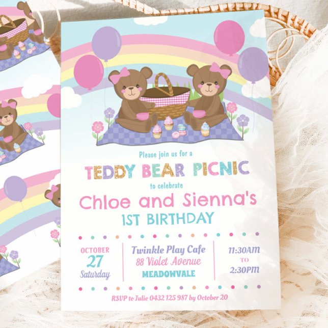 Invitation Cute Teddy Bear Pique-nique Anniversaire Filles Ju (Créateur téléchargé)