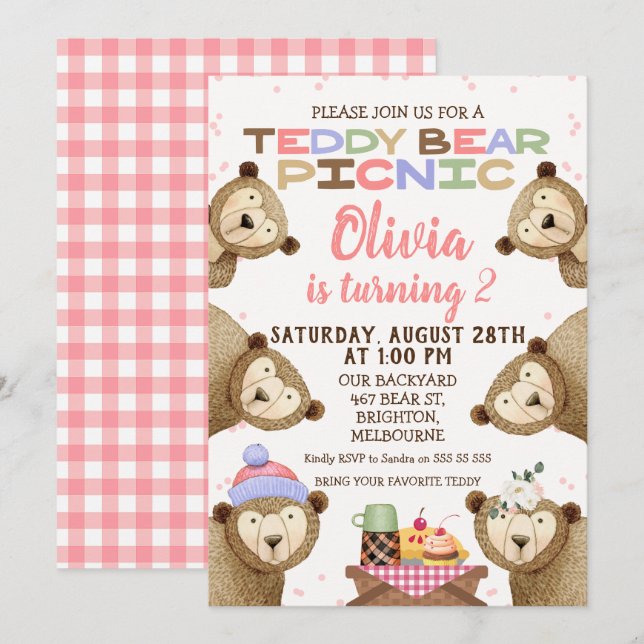 Invitation Cute Teddy Bear Pique-nique Anniversaire Invitatio (Devant / Derrière)