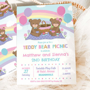 Invitation Cute Teddy Bear Pique-nique Anniversaire Jumeaux G