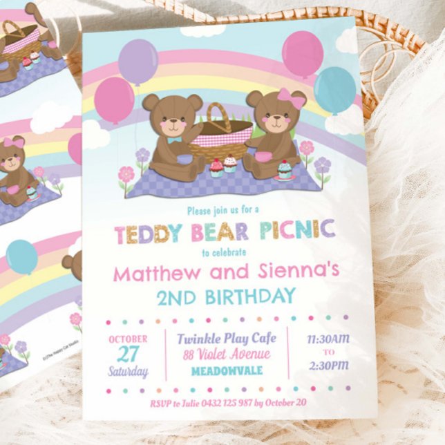 Invitation Cute Teddy Bear Pique-nique Anniversaire Jumeaux G (Créateur téléchargé)