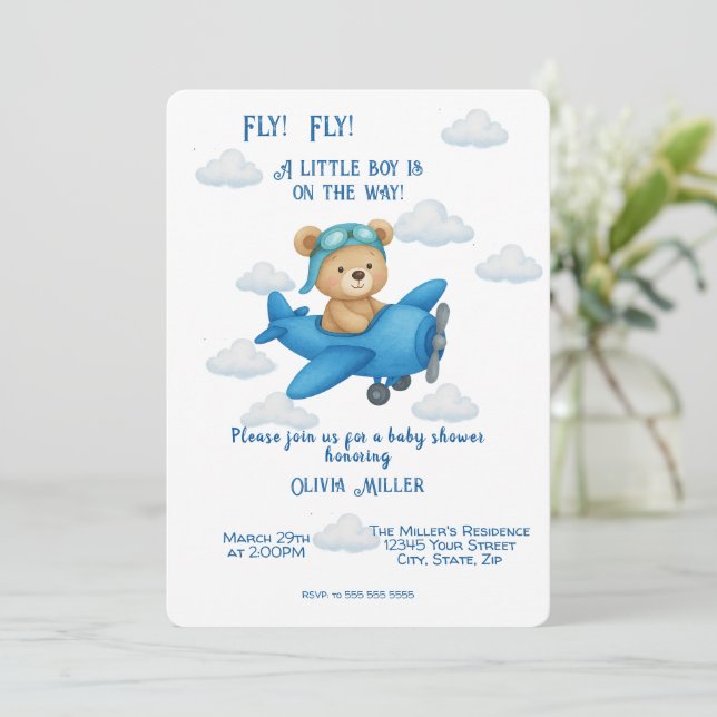 Invitation Cute Teddy Bear sur le Baby shower de l'avion Invi (Debout devant)