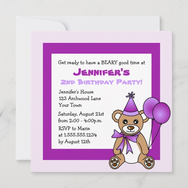 Invitation Cute Teddy Bear Thème Anniversaire de enfant - Pur (Devant)