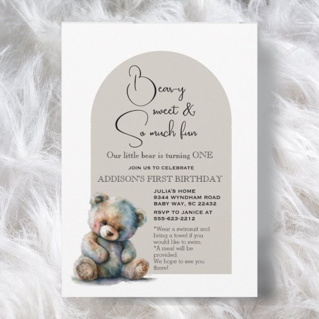 Invitation Cute Teddy Bear Thème Aquarelle Premier Anniversai (Créateur téléchargé)