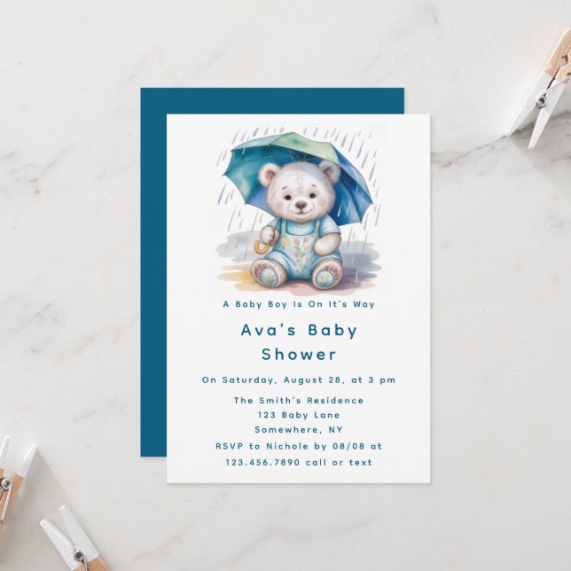 Invitation Cute Teddy Bear With Umbrella Boy Baby Shower  (Devant/Arrière en situation)