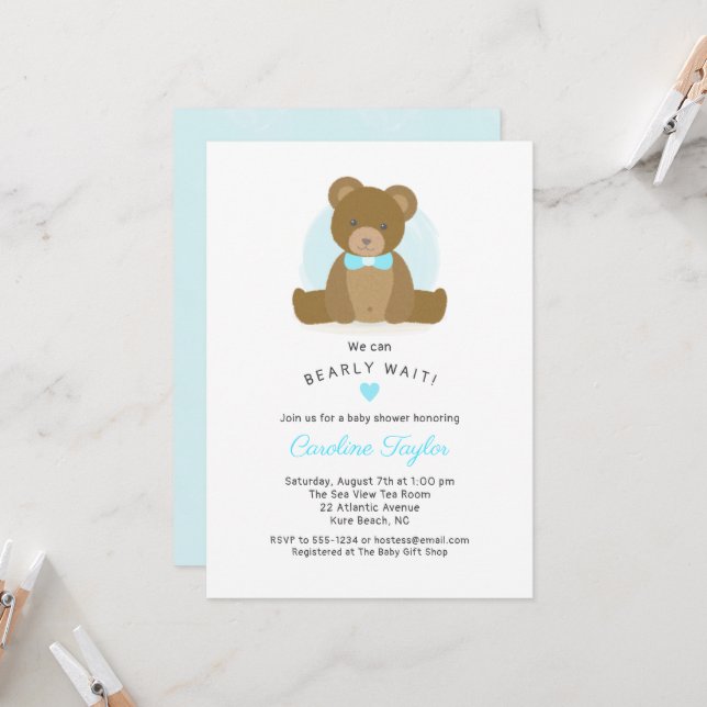 Invitation Cute Teddy Ours Aqua Blue Bow Cravate bébé garçon  (Devant/Arrière en situation)