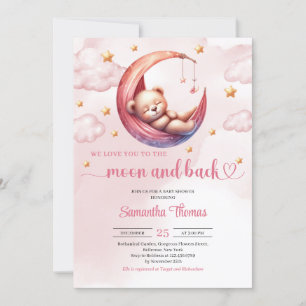 Invitation Cute Teddy ours lune et dos fille baby shower