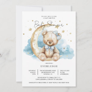 Invitation Cute Teddy Ours Nuages Étoiles Baby shower Lune