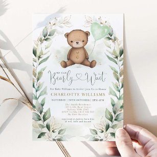 Invitation Cute Teddy Ours Vert Baby shower Or Neutre