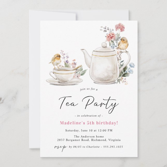 Invitation Cute théière florale | Fille Tea Party anniversair (Devant)