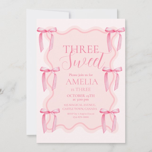 Invitation Cute Three Sweet Pink Bow 3e fête d'anniversaire (Devant)