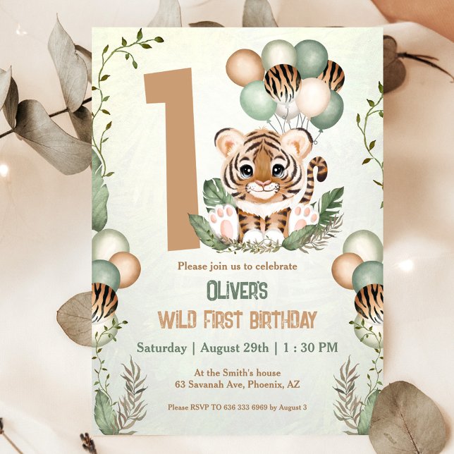 Invitation Cute Tiger Cub Wild One Boy 1er Anniversaire (Cute Tiger Safari 1st Birthday Invitation)