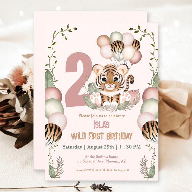 Invitation Cute Tiger Safari Rose Deux Fille Sauvage 2e anniv (Cute Tiger Safari Pink Two Wild Girl 2nd Birthday Invitation)