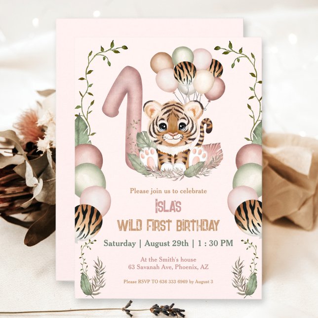 Invitation Cute Tiger Safari Rose Wild One Girl 1er anniversa (1st Birthday girl pink party invitation with a cute baby tiger)
