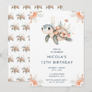 Invitation Cute tortue florale fête d'anniversaire