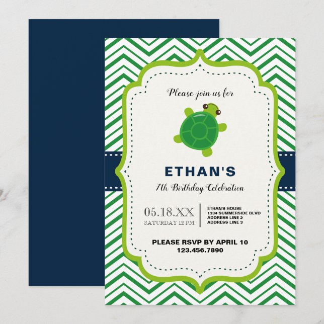 Invitation CUTE tortue vert bleu kawaii enfants garçons anniv (Devant / Derrière)