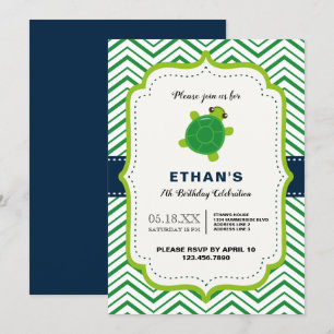Invitation CUTE tortue vert bleu kawaii enfants garçons anniv